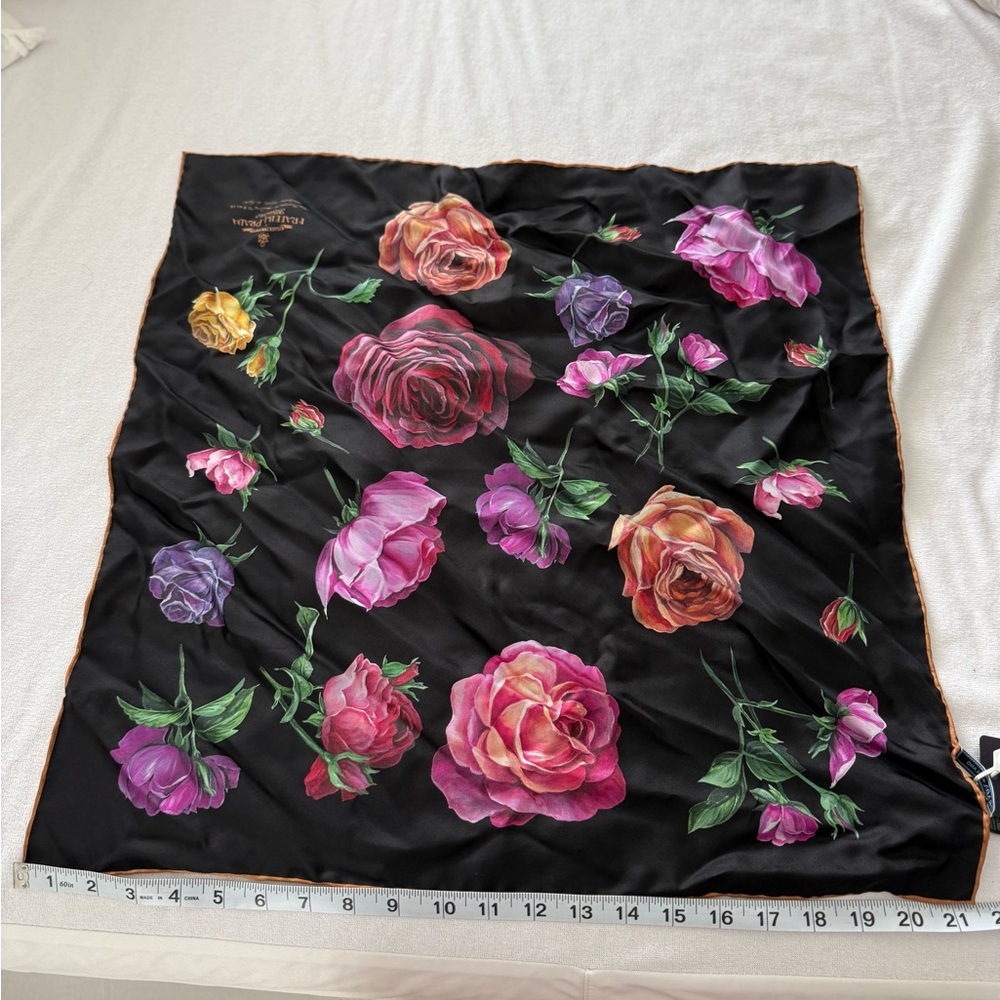 Prada Black and Pink Floral Silk Scarf